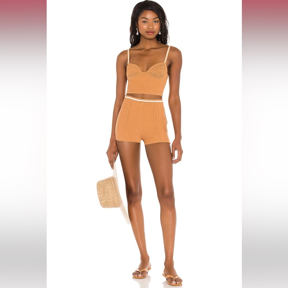 Camila Coelho Tan Knit High-Waist Shorts